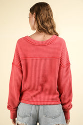 Cozy Fall Fashion: VERY J Women's V-Neck Ribbed Knit Top with Exposed Seams